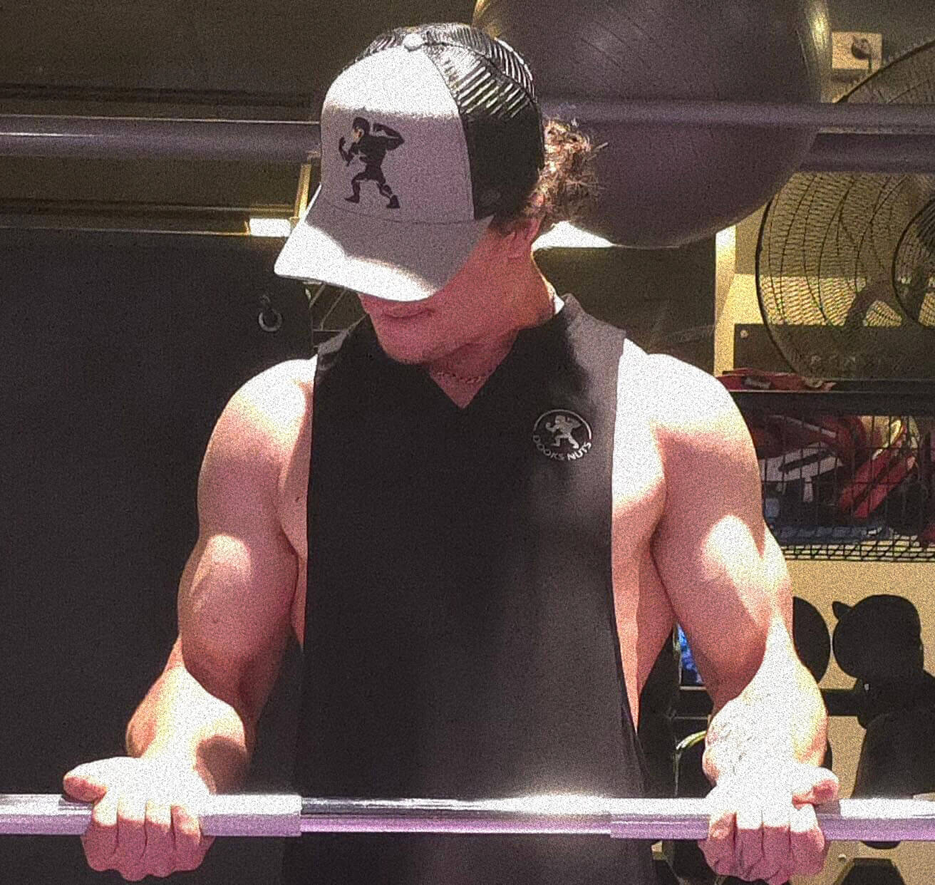 Dooks nuts gym singlet in action
