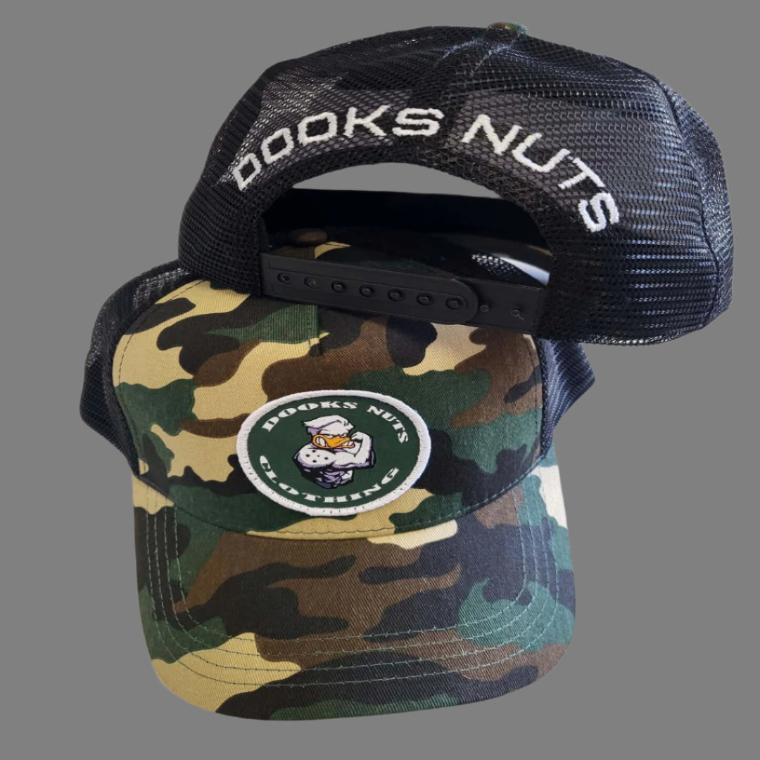 Dooks nuts truckers style cap-camo with patch logo.