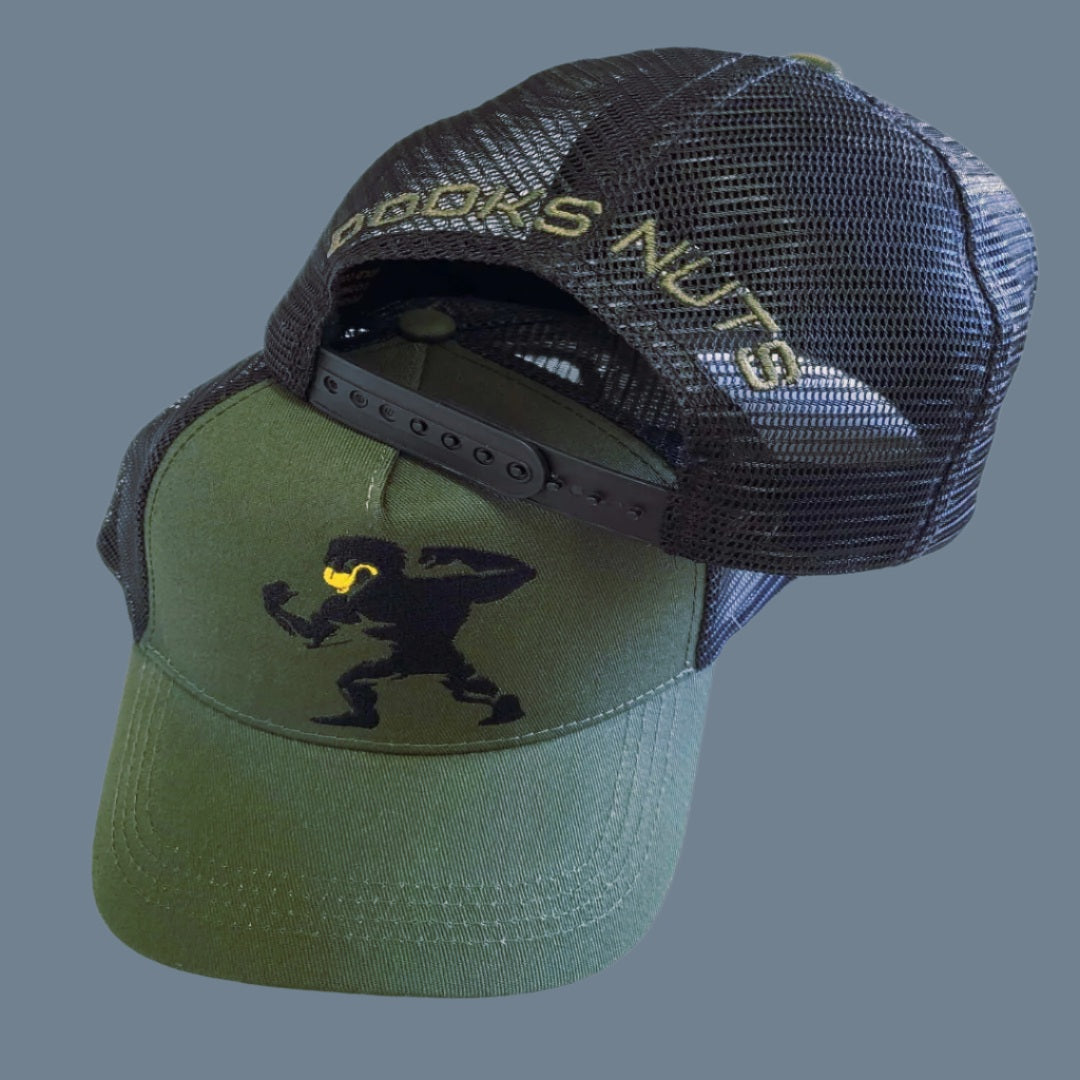 Dooks nuts truckers styled embroidered green cap.